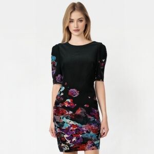 DR Collection Black Multi Floral Short Sleeve Sheath Dress Size 2